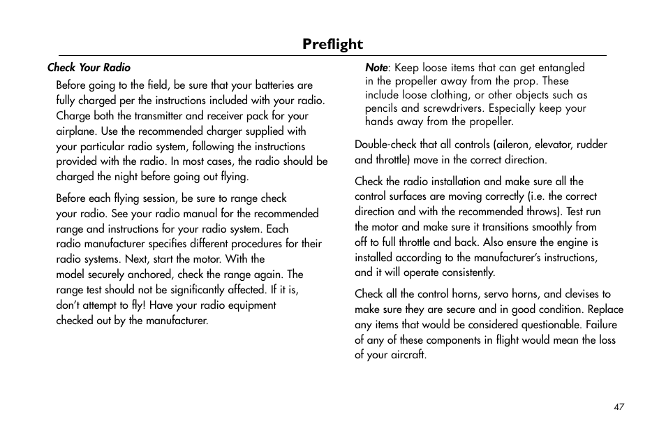 Preflight | E-flite Mini Funtana X ARF User Manual | Page 47 / 52