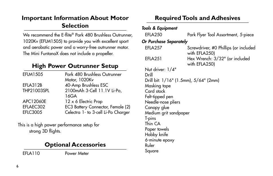 Important information about motor selection, High power outrunner setup, Optional accessories | Required tools and adhesives, Important.information.about.motor.selection, High.power.outrunner.setup, Optional.accessories, Required.tools.and.adhesives | E-flite Mini Funtana X ARF User Manual | Page 6 / 52