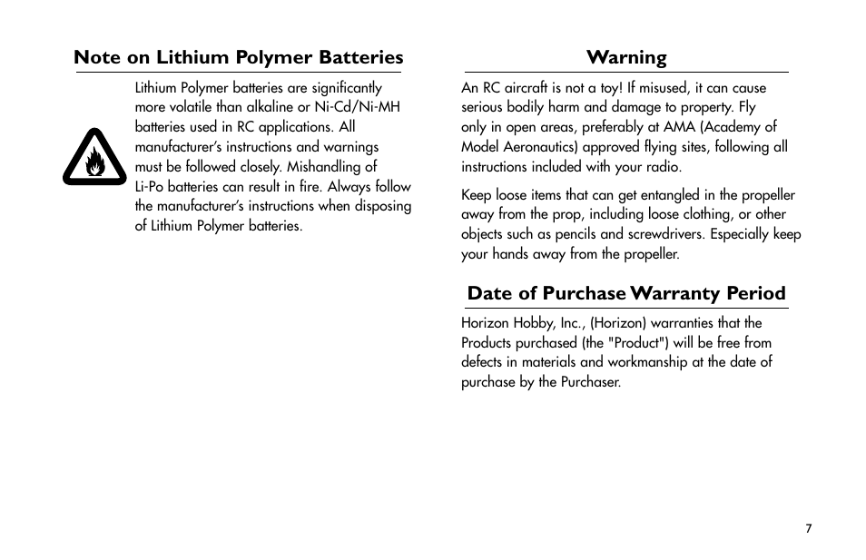 Note on lithium polymer batteries, Warning, Date of purchase warranty period | Note.on.lithium.polymer.batteries, Date.of.purchase.warranty.period | E-flite Mini Funtana X ARF User Manual | Page 7 / 52