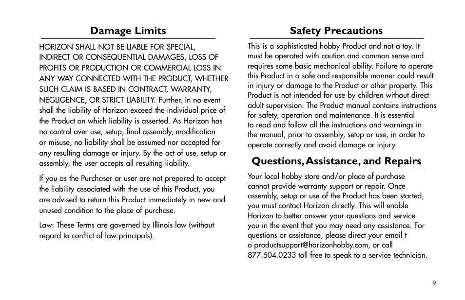 Damage limits, Safety precautions, Questions, assistance, and repairs | Damage.limits, Safety.precautions, Questions,.assistance,.and.repairs | E-flite Mini Funtana X ARF User Manual | Page 9 / 52
