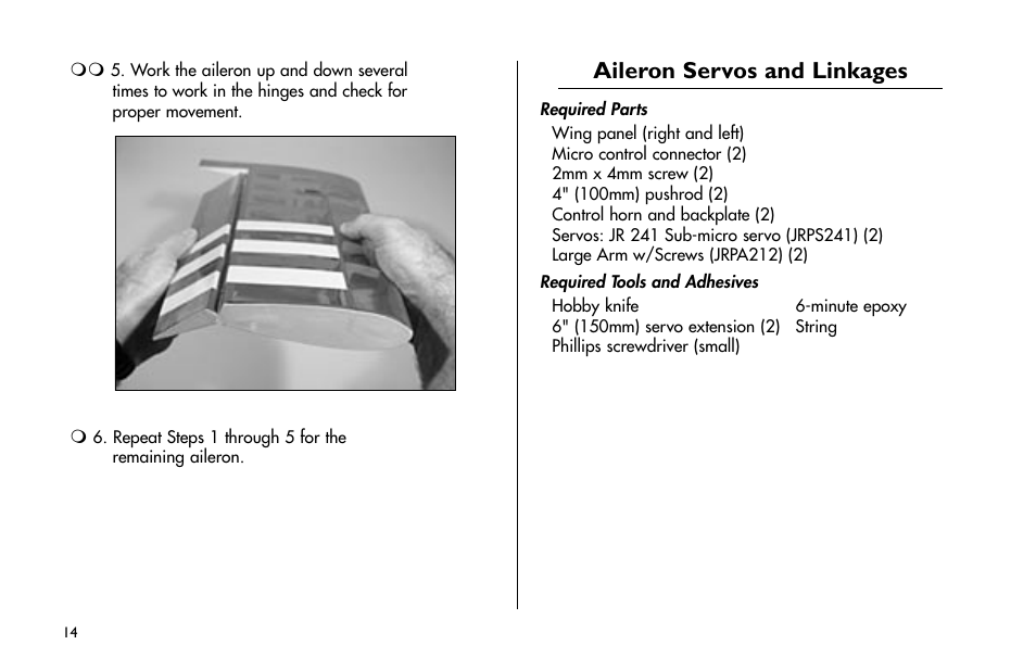 Aileron servos and linkages | E-flite Mini Funtana 3D EP ARF User Manual | Page 14 / 44