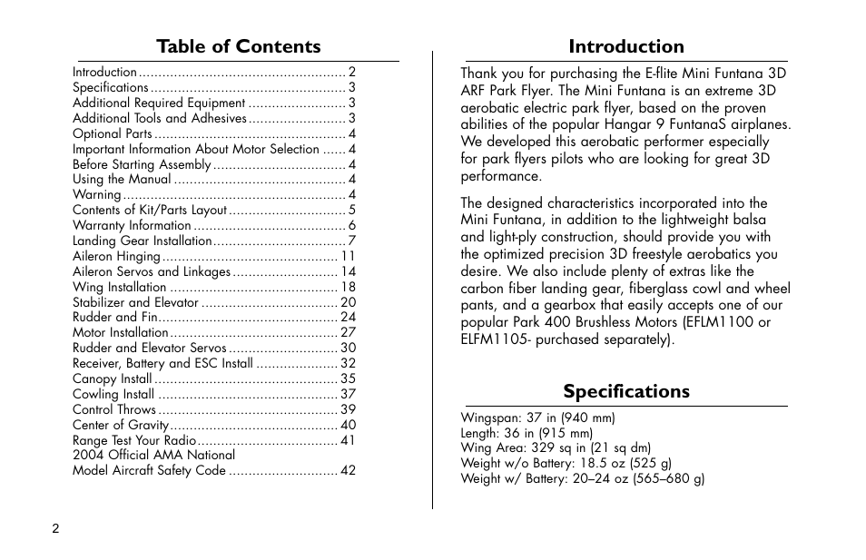 E-flite Mini Funtana 3D EP ARF User Manual | Page 2 / 44