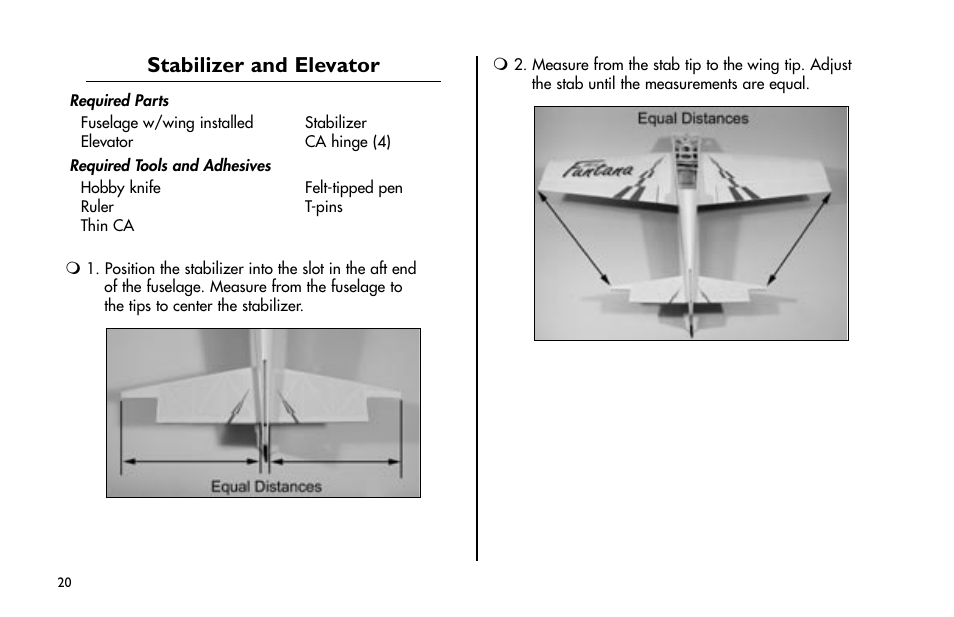 Stabilizer and elevator | E-flite Mini Funtana 3D EP ARF User Manual | Page 20 / 44