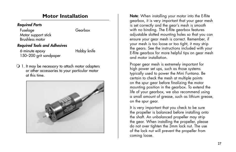 Motor installation | E-flite Mini Funtana 3D EP ARF User Manual | Page 27 / 44