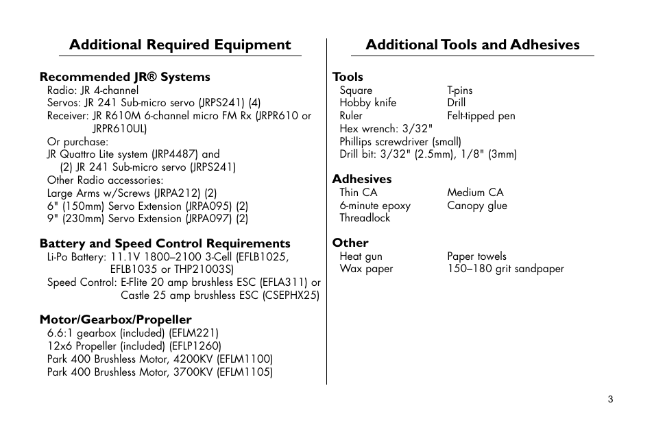 Specifications, Additional required equipment, Additional tools and adhesives | E-flite Mini Funtana 3D EP ARF User Manual | Page 3 / 44