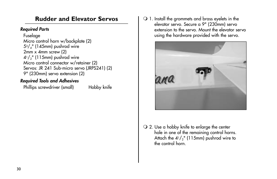 Rudder and elevator servos | E-flite Mini Funtana 3D EP ARF User Manual | Page 30 / 44