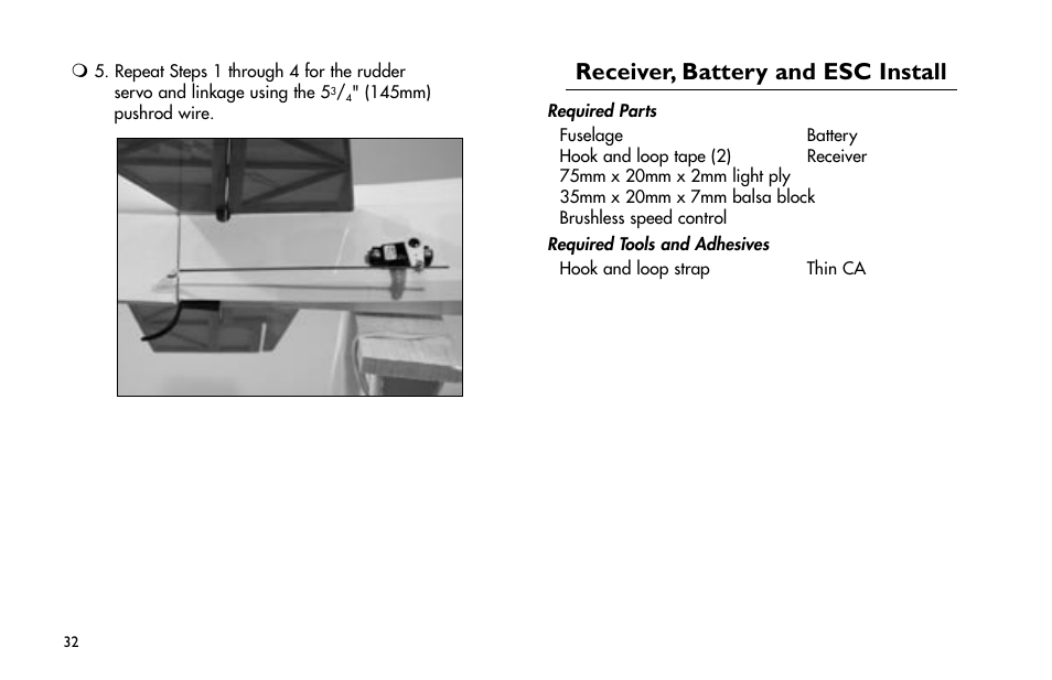 Receiver, battery and esc install | E-flite Mini Funtana 3D EP ARF User Manual | Page 32 / 44