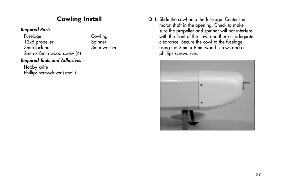 Cowling install | E-flite Mini Funtana 3D EP ARF User Manual | Page 37 / 44