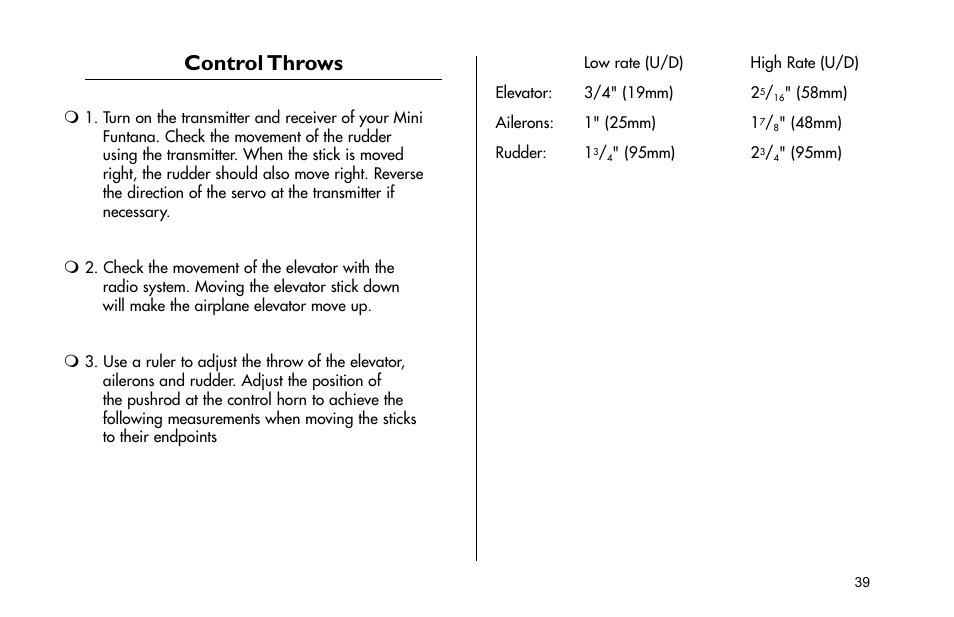 Control throws | E-flite Mini Funtana 3D EP ARF User Manual | Page 39 / 44