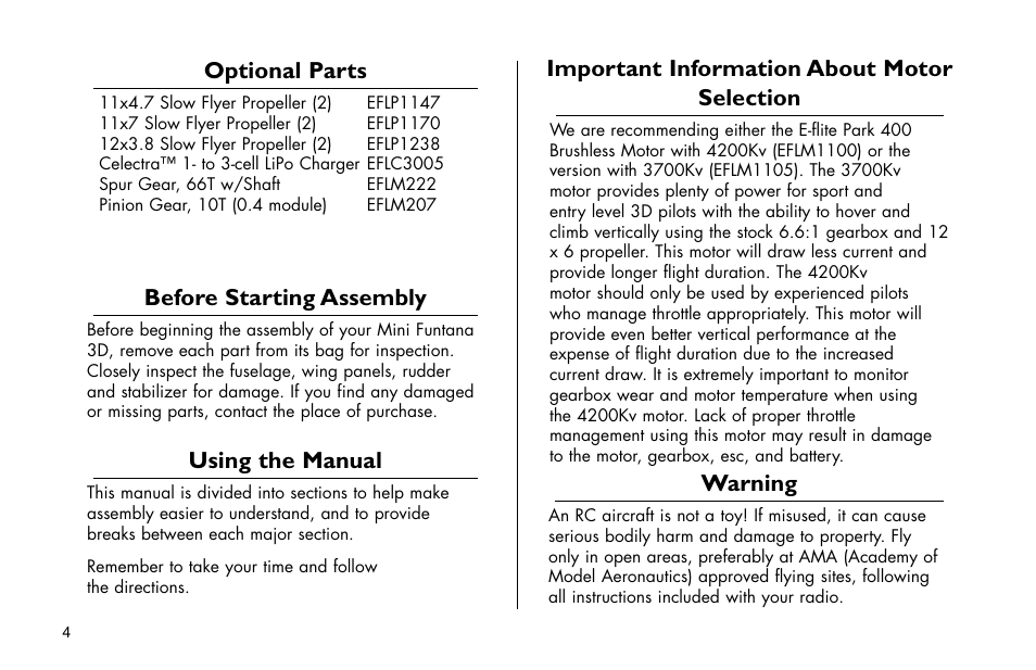 Optional parts, Important information about motor selection, Before starting assembly | Using the manual, Warning | E-flite Mini Funtana 3D EP ARF User Manual | Page 4 / 44