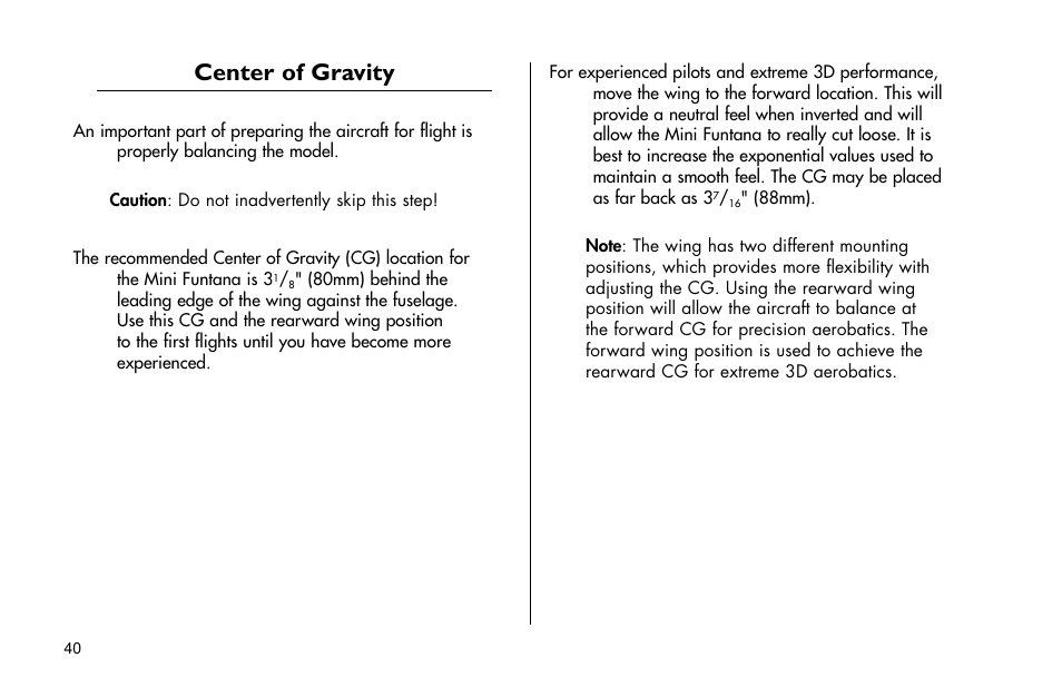 Center of gravity | E-flite Mini Funtana 3D EP ARF User Manual | Page 40 / 44