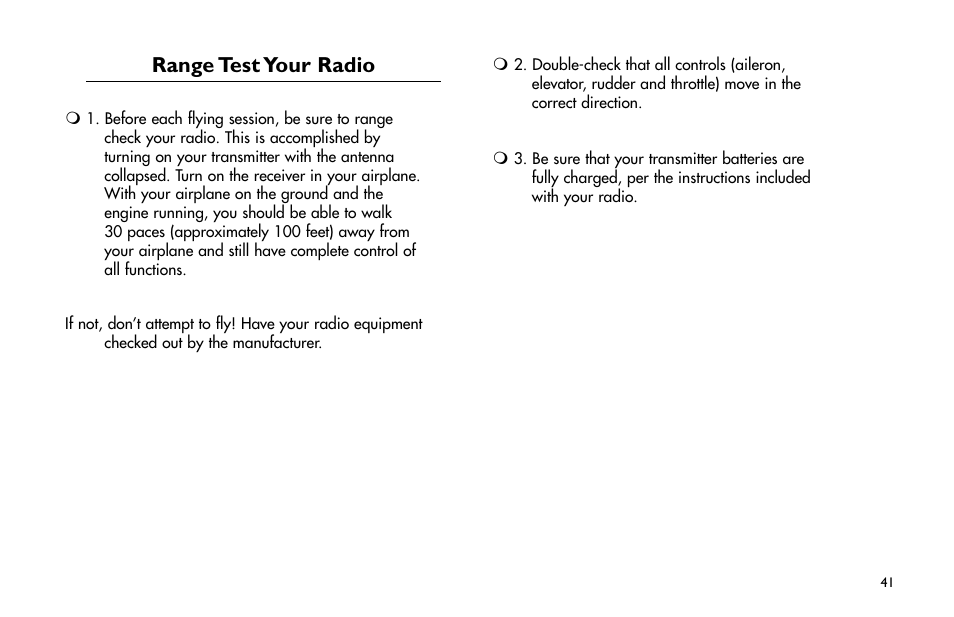 Range test your radio | E-flite Mini Funtana 3D EP ARF User Manual | Page 41 / 44