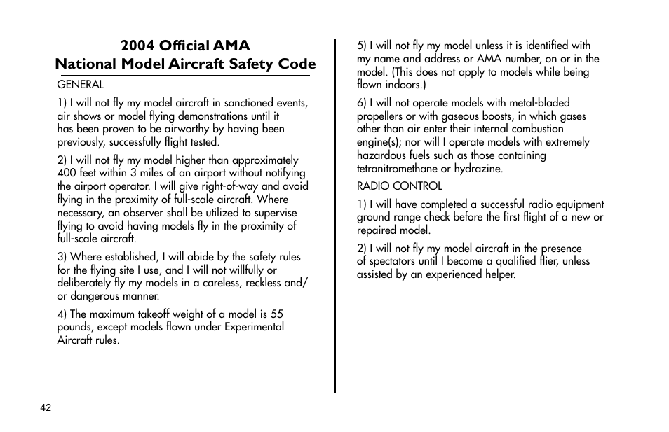 2004 official ama national, Model aircraft safety code | E-flite Mini Funtana 3D EP ARF User Manual | Page 42 / 44