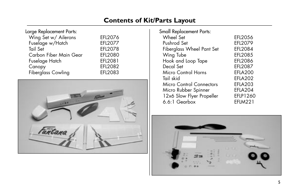 Contents of kit/parts layout | E-flite Mini Funtana 3D EP ARF User Manual | Page 5 / 44