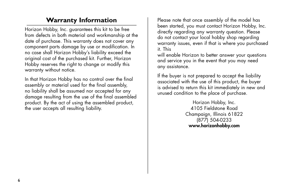 Warranty information | E-flite Mini Funtana 3D EP ARF User Manual | Page 6 / 44