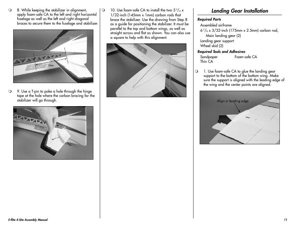 Landing gear installation | E-flite 4-Site F3P 250 ARF User Manual | Page 11 / 32