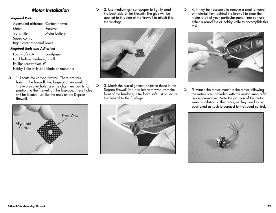 Motor installation | E-flite 4-Site F3P 250 ARF User Manual | Page 13 / 32