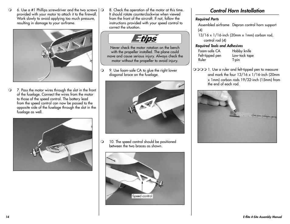 Control horn installation | E-flite 4-Site F3P 250 ARF User Manual | Page 14 / 32