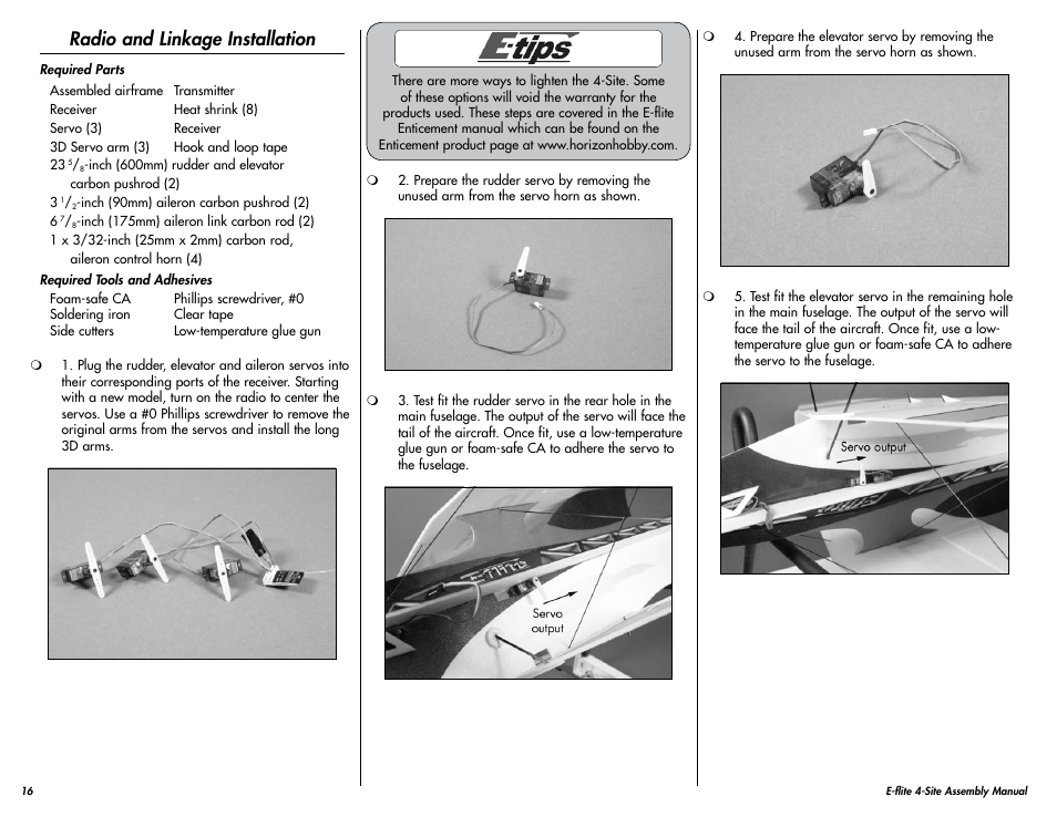 Radio and linkage installation | E-flite 4-Site F3P 250 ARF User Manual | Page 16 / 32