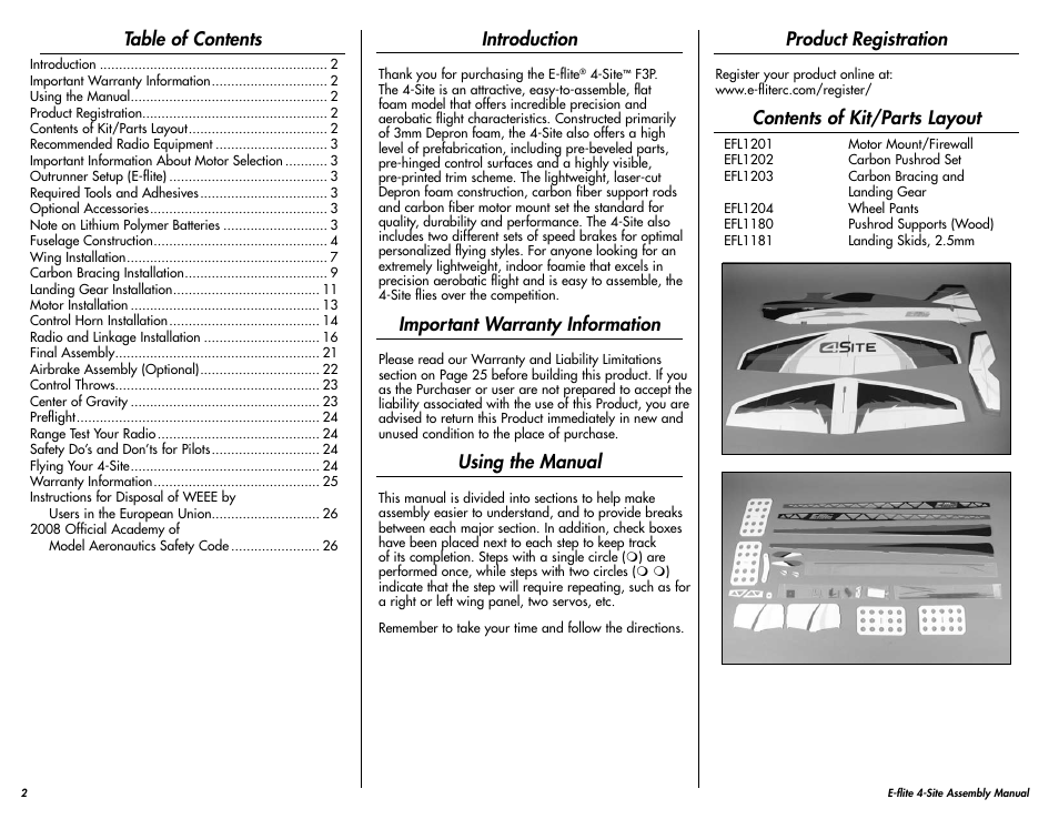 E-flite 4-Site F3P 250 ARF User Manual | Page 2 / 32