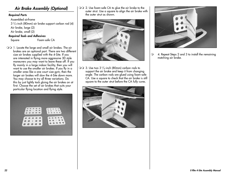 Airbrake assembly (optional), Air brake assembly (optional) | E-flite 4-Site F3P 250 ARF User Manual | Page 22 / 32