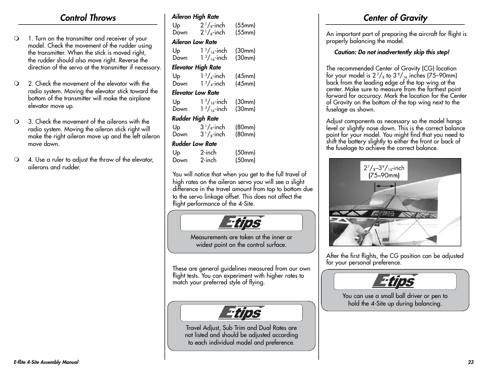 Control throws, Center of gravity | E-flite 4-Site F3P 250 ARF User Manual | Page 23 / 32