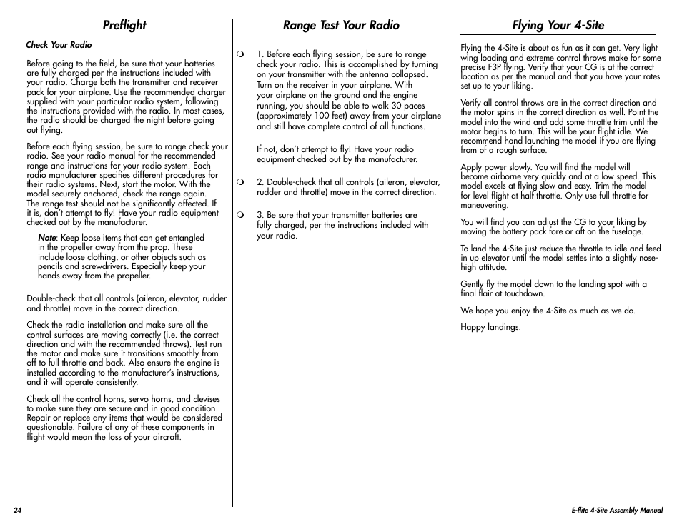Preflight, Range test your radio, Safety do’s and don’ts for pilots | Flying your 4-site | E-flite 4-Site F3P 250 ARF User Manual | Page 24 / 32