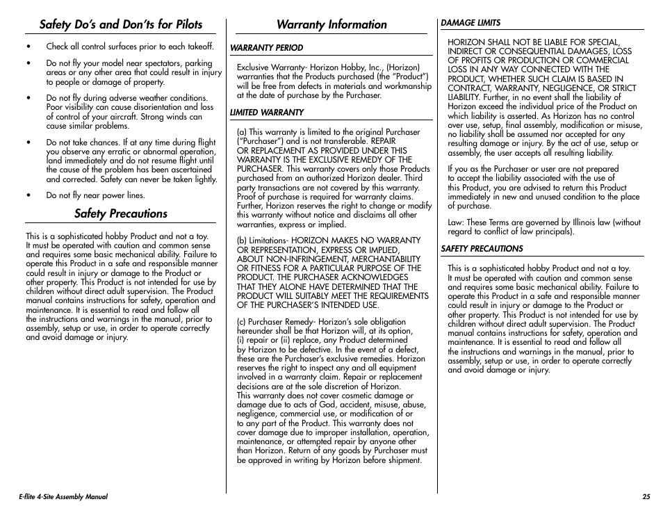 Warranty information, Safety do’s and don’ts for pilots, Safety precautions | E-flite 4-Site F3P 250 ARF User Manual | Page 25 / 32