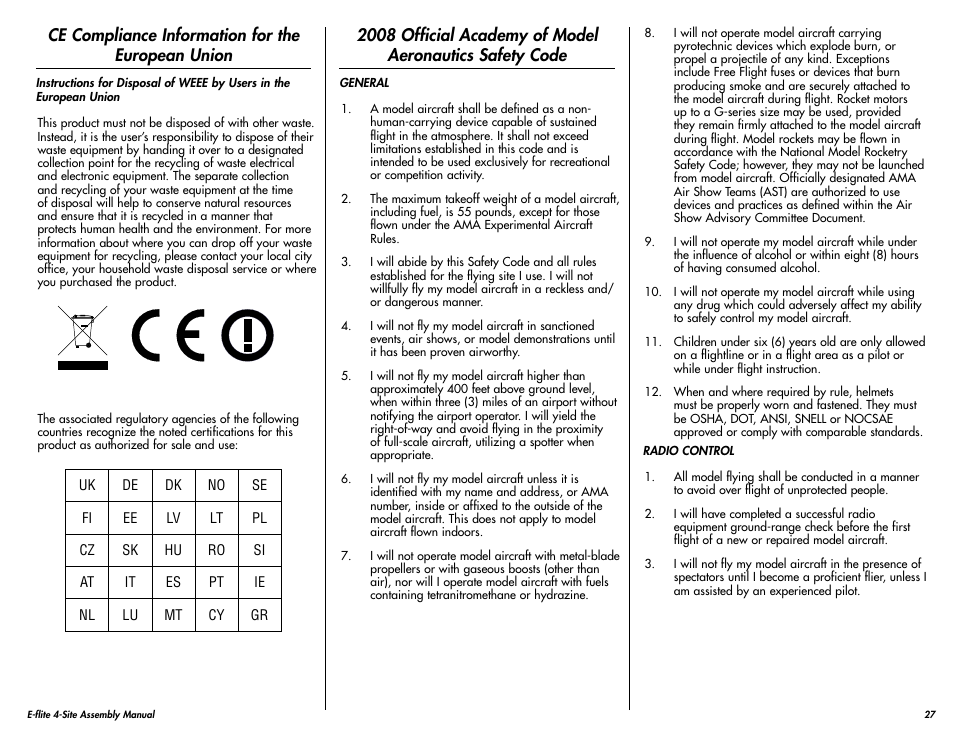 Ce compliance information for the european union | E-flite 4-Site F3P 250 ARF User Manual | Page 27 / 32