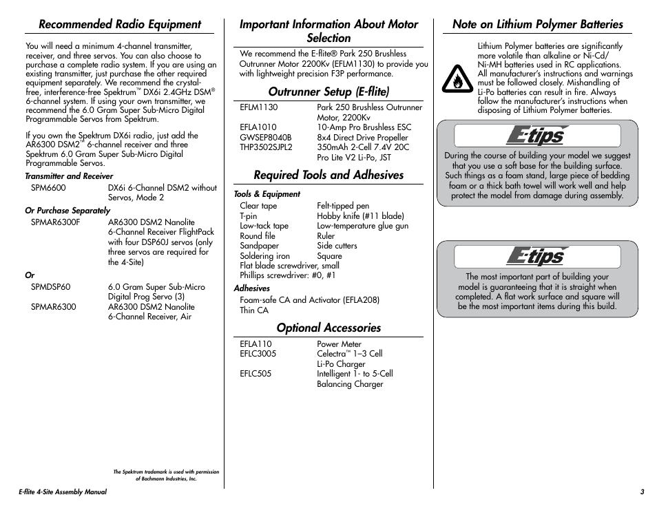 Recommended radio equipment, Important information about motor selection, Outrunner setup (e-flite) | Required tools and adhesives, Optional accessories, Note on lithium polymer batteries | E-flite 4-Site F3P 250 ARF User Manual | Page 3 / 32