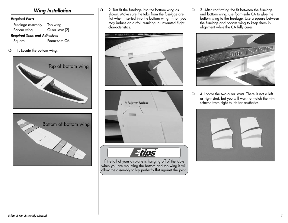 Wing installation | E-flite 4-Site F3P 250 ARF User Manual | Page 7 / 32