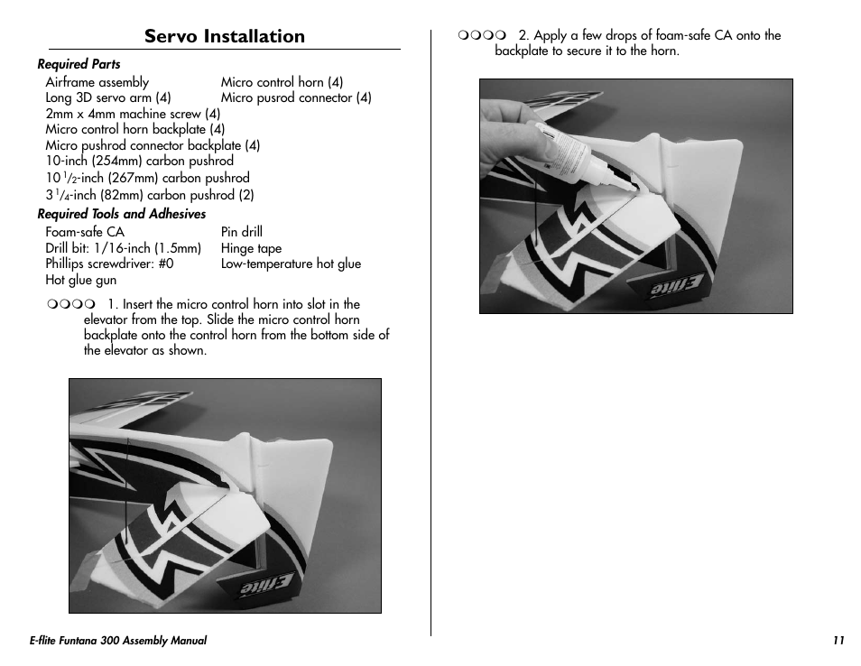 Servo installation | E-flite Funtana 300 ARF User Manual | Page 11 / 28