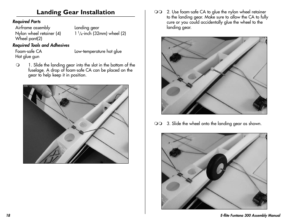 Landing gear installation | E-flite Funtana 300 ARF User Manual | Page 18 / 28