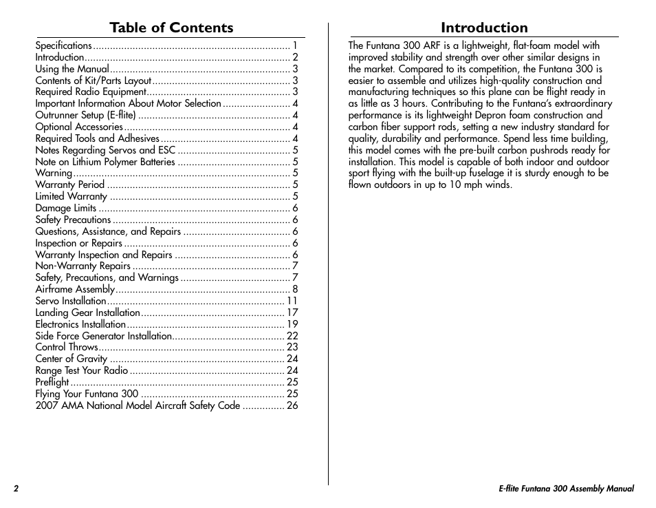 E-flite Funtana 300 ARF User Manual | Page 2 / 28
