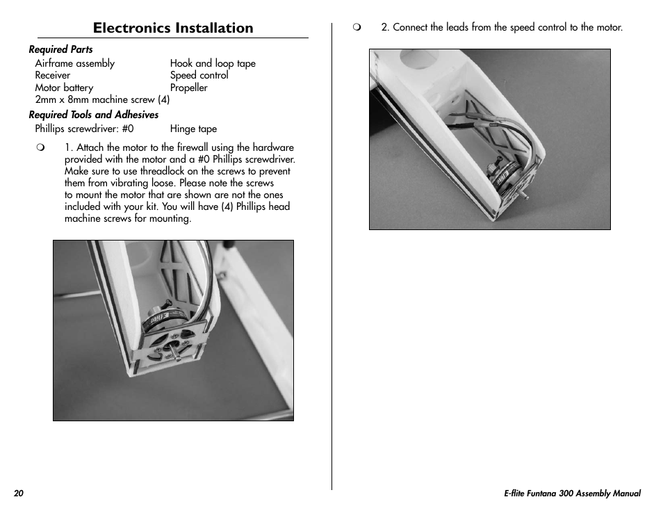 Electronics installation | E-flite Funtana 300 ARF User Manual | Page 20 / 28