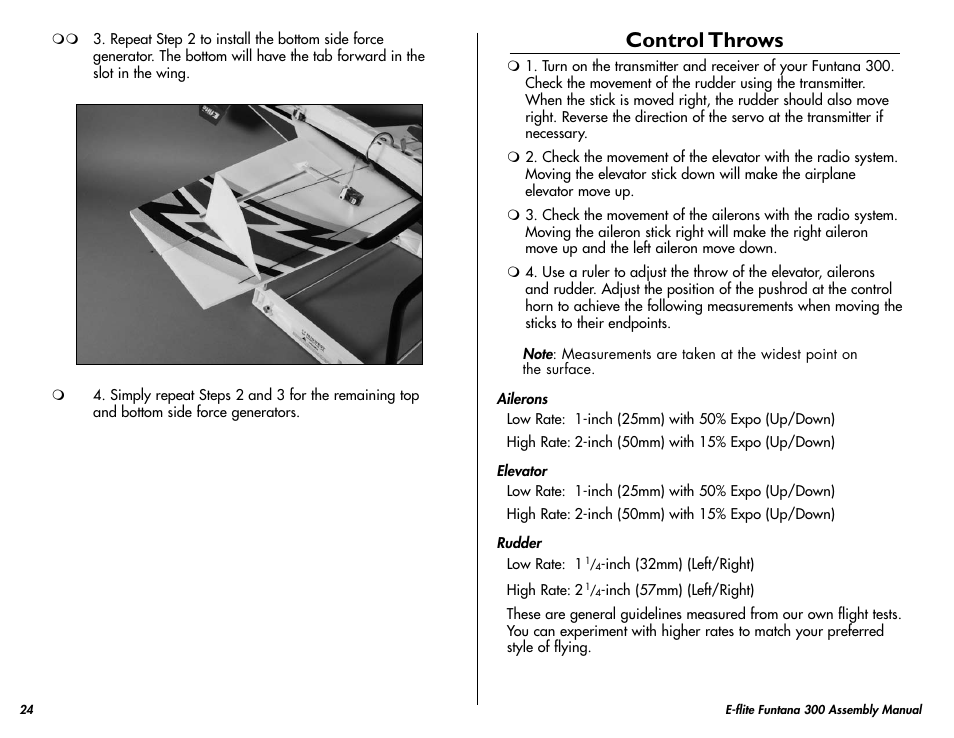 Control throws | E-flite Funtana 300 ARF User Manual | Page 24 / 28