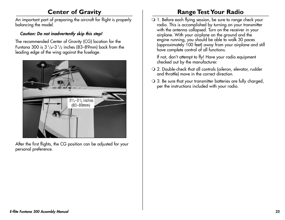 Center of gravity, Range test your radio | E-flite Funtana 300 ARF User Manual | Page 25 / 28