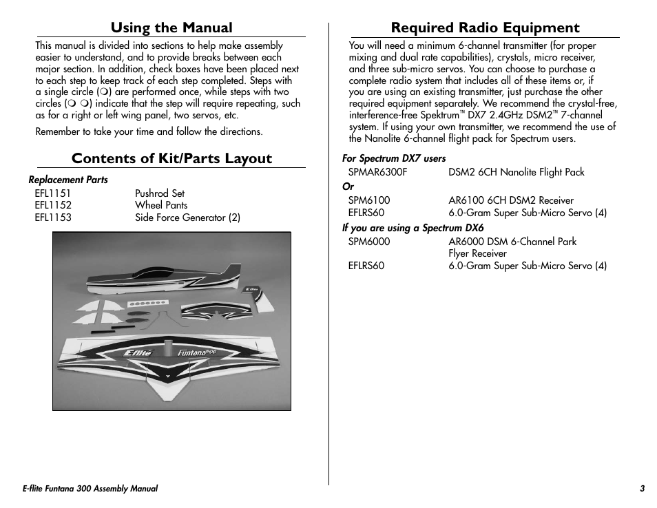 Using the manual, Contents of kit/parts layout, Required radio equipment | E-flite Funtana 300 ARF User Manual | Page 3 / 28