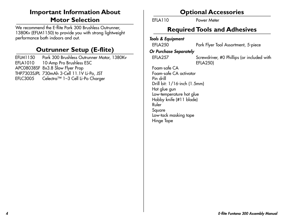 Important information about motor selection, Outrunner setup (e-flite), Optional accessories | Required tools and adhesives | E-flite Funtana 300 ARF User Manual | Page 4 / 28