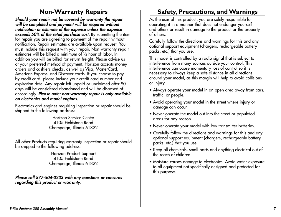 Non-warranty repairs, Safety, precautions, and warnings | E-flite Funtana 300 ARF User Manual | Page 7 / 28