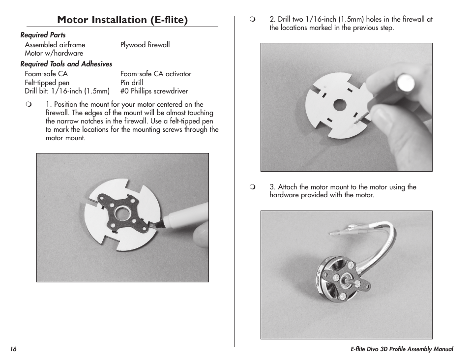 Motor installation (e-flite) | E-flite Divo 3D User Manual | Page 16 / 36