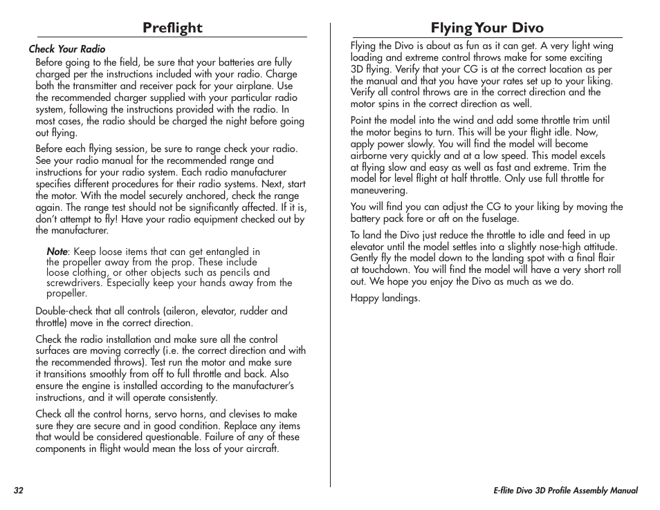 Preflight, Flying your divo | E-flite Divo 3D User Manual | Page 32 / 36