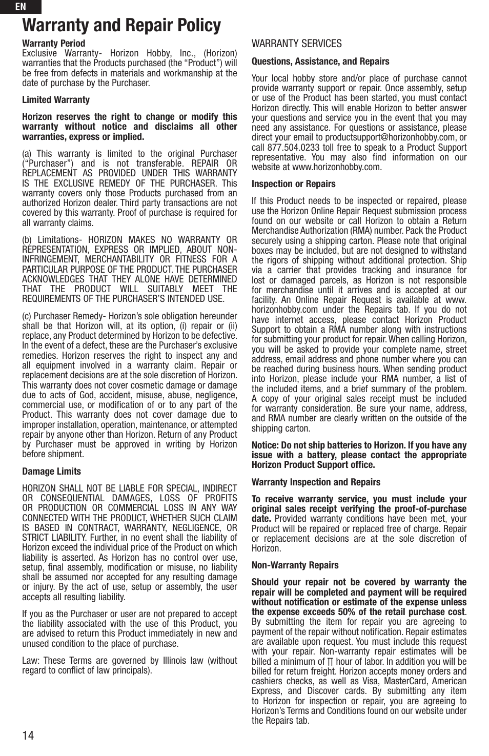 Warranty and repair policy | E-flite UMX Beast BNF User Manual | Page 14 / 60