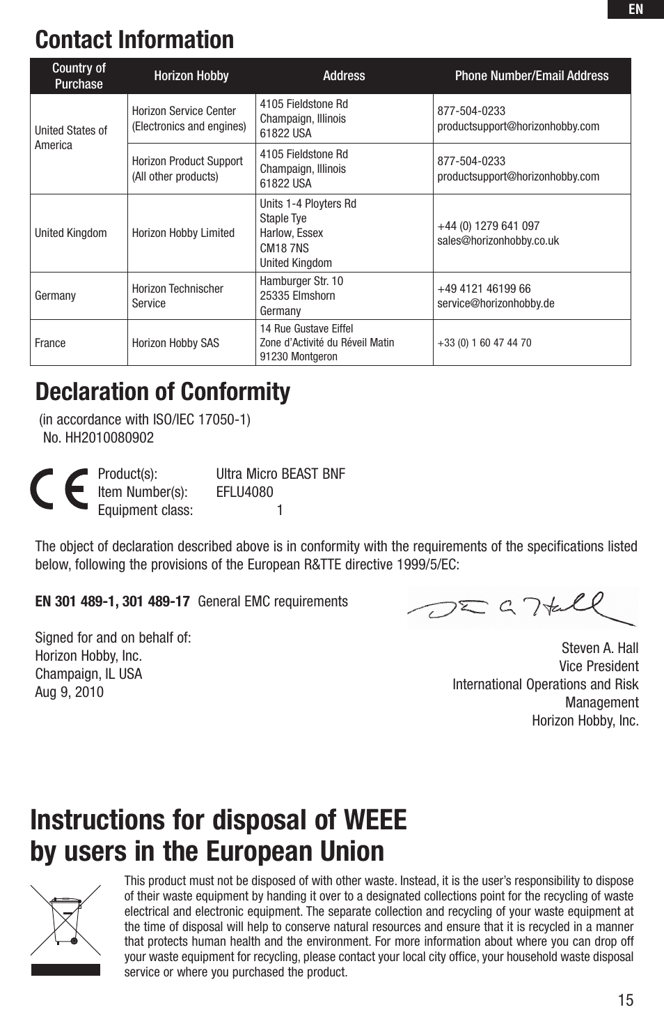 Contact information, Declaration of conformity | E-flite UMX Beast BNF User Manual | Page 15 / 60