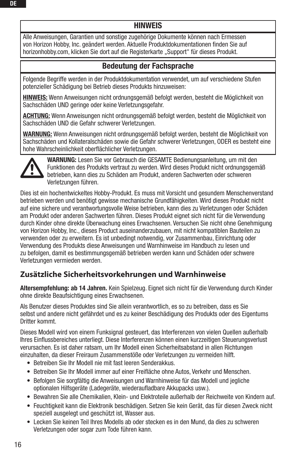 Bedeutung der fachsprache, Hinweis | E-flite UMX Beast BNF User Manual | Page 16 / 60