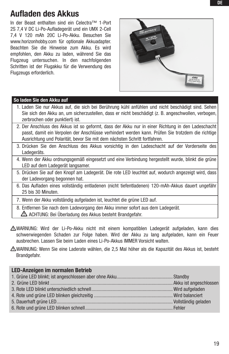 Aufladen des akkus | E-flite UMX Beast BNF User Manual | Page 19 / 60