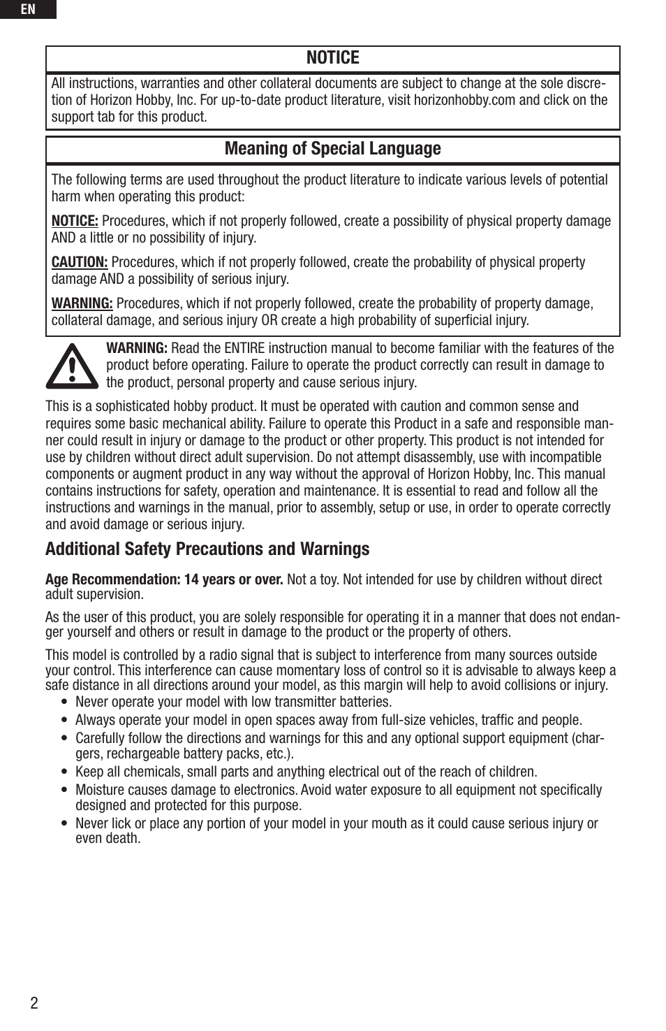 Meaning of special language, Additional safety precautions and warnings, Notice | E-flite UMX Beast BNF User Manual | Page 2 / 60