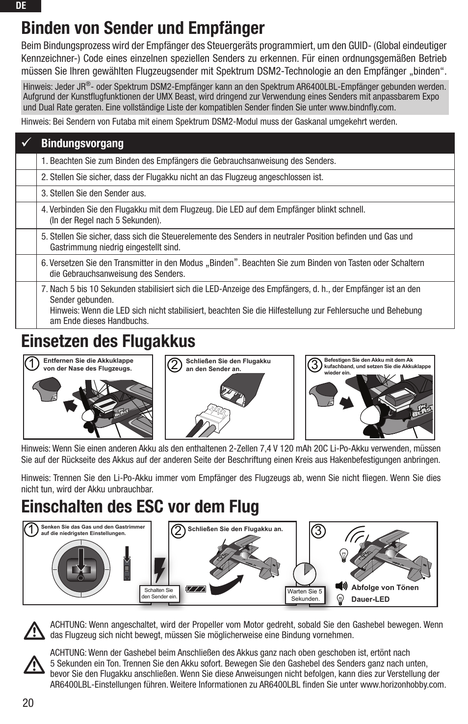 Binden von sender und empfänger, Einsetzen des flugakkus, Einschalten des esc vor dem flug | Bindungsvorgang | E-flite UMX Beast BNF User Manual | Page 20 / 60