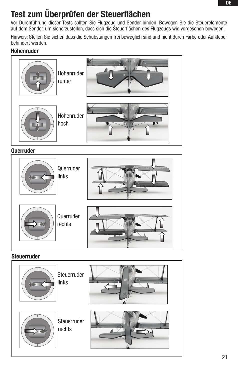 Test zum überprüfen der steuerflächen | E-flite UMX Beast BNF User Manual | Page 21 / 60