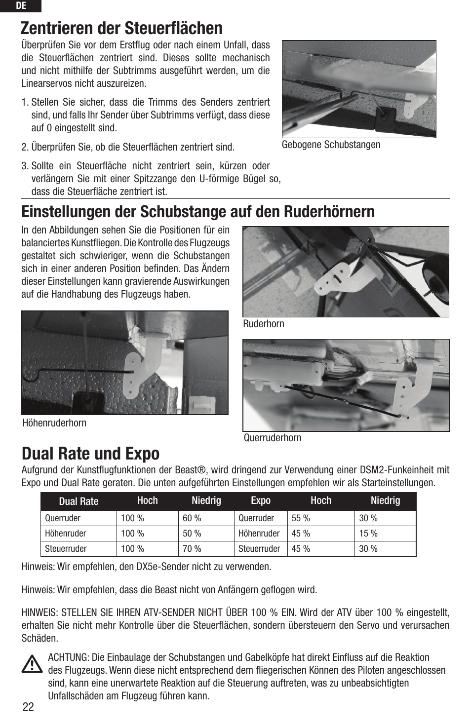 Zentrieren der steuerflächen, Dual rate und expo, Einstellungen der schubstange auf den ruderhörnern | E-flite UMX Beast BNF User Manual | Page 22 / 60